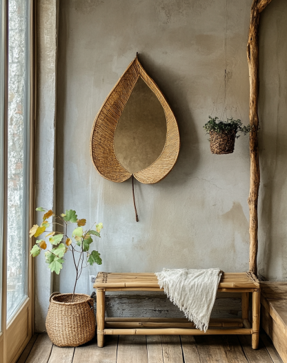 Wabi-sabi style rattan wall decorative mirror, retro homestay rattan handcrafted dressing mirror, bedroom round mirror - Image 3