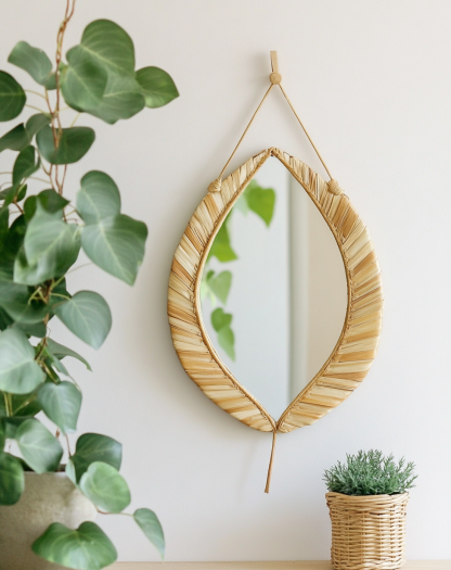 Wabi-sabi style rattan wall decorative mirror, retro homestay rattan handcrafted dressing mirror, bedroom round mirror - Image 2