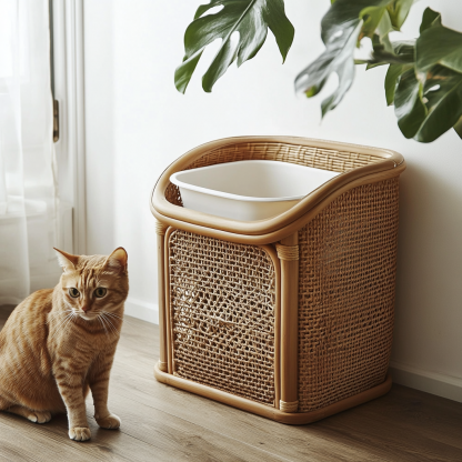 Wabi-sabi style cat litter box, cat toilet, residential indoor solid wood rattan woven storage basket, Nordic modern and simple pet bed - Image 9