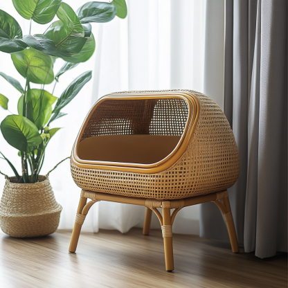 Wabi-sabi style cat litter box, cat toilet, residential indoor solid wood rattan woven storage basket, Nordic modern and simple pet bed - Image 8
