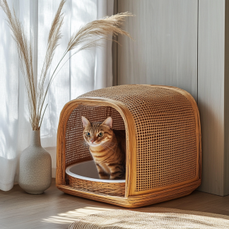 Wabi-sabi style cat litter box, cat toilet, residential indoor solid wood rattan woven storage basket, Nordic modern and simple pet bed