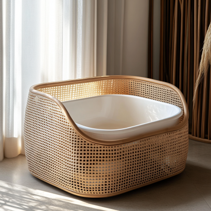 Wabi-sabi style cat litter box, cat toilet, residential indoor solid wood rattan woven storage basket, Nordic modern and simple pet bed - Image 6