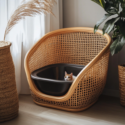 Cat litter box, cat toilet, scratchable rattan woven cat, villa, enclosed double-layer cat house, cat bed, wall red, pet supplies - Image 8