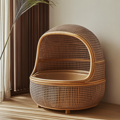 Wabi-sabi style cat litter box, cat toilet, residential indoor solid wood rattan woven storage basket, Nordic modern and simple pet bed - Image 5