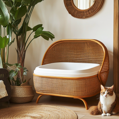 Wabi-sabi style cat litter box, cat toilet, residential indoor solid wood rattan woven storage basket, Nordic modern and simple pet bed - Image 4