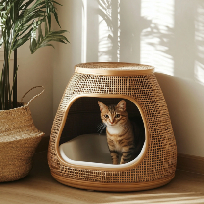 Wabi-sabi style cat litter box, cat toilet, residential indoor solid wood rattan woven storage basket, Nordic modern and simple pet bed - Image 3