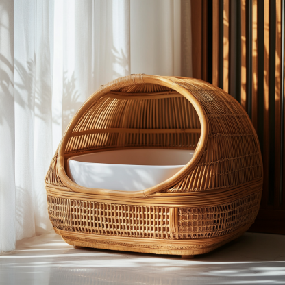 Wabi-sabi style cat litter box, cat toilet, residential indoor solid wood rattan woven storage basket, Nordic modern and simple pet bed - Image 2