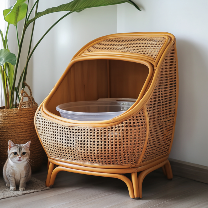 Cat toilet, cat bed, toilet, cat litter box. Nordic modern, simple and creative, rural, solid wood and rattan weaving - Image 9