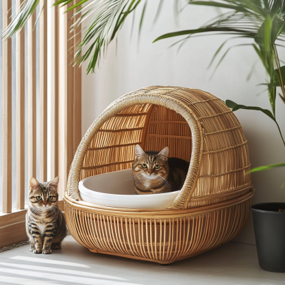 Cat litter box, cat toilet, scratchable rattan woven cat, villa, enclosed double-layer cat house, cat bed, wall red, pet supplies - Image 2