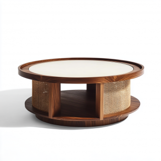 Wabi-sabi style solid wood round coffee table, Japanese-style tatami, small-sized apartment, wicker woven tea table, tea table storage, circular homestay