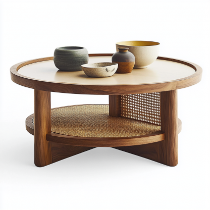 Wabi-sabi style solid wood round coffee table, Japanese-style tatami, small-sized apartment, wicker woven tea table, tea table storage, circular homestay - Image 6