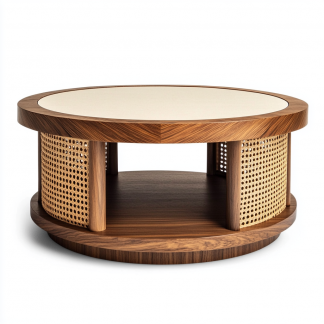Wabi-sabi style solid wood round coffee table, Japanese-style tatami, small-sized apartment, wicker woven tea table, tea table storage, circular homestay