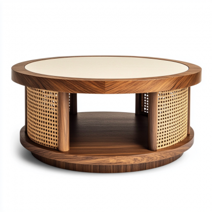 Wabi-sabi style solid wood round coffee table, Japanese-style tatami, small-sized apartment, wicker woven tea table, tea table storage, circular homestay