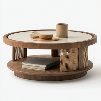 10 Nordic round coffee table, Japanese modern and simple Wabi-y style, retro solid wood rattan woven round artistic low table