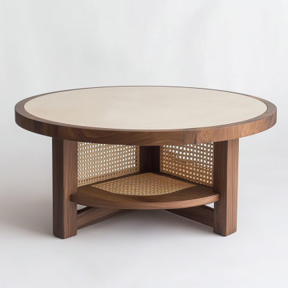 Wabi-sabi style solid wood round coffee table, Japanese-style tatami, small-sized apartment, wicker woven tea table, tea table storage, circular homestay