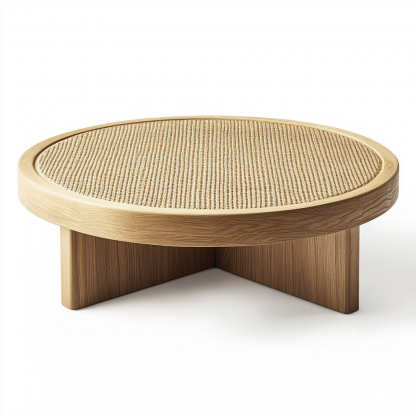 Wabi-sabi style solid wood round coffee table, Japanese-style tatami, small-sized apartment, wicker woven tea table, tea table storage, circular homestay