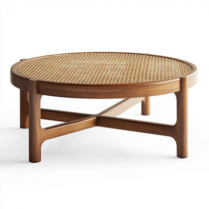 10 Nordic round coffee table, Japanese modern and simple Wabi-y style, retro solid wood rattan woven round artistic low table - Image 6