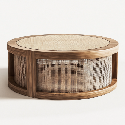 Wabi-sabi style solid wood round coffee table, Japanese-style tatami, small-sized apartment, wicker woven tea table, tea table storage, circular homestay - Image 3