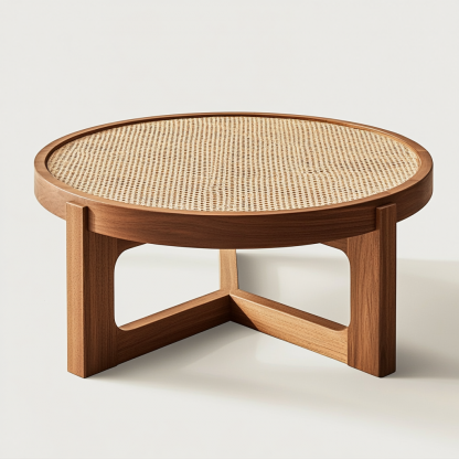 Wabi-sabi style solid wood round coffee table, Japanese-style tatami, small-sized apartment, wicker woven tea table, tea table storage, circular homestay - Image 2