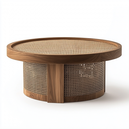 Wabi-sabi style solid wood round coffee table, Japanese-style tatami, small-sized apartment, wicker woven tea table, tea table storage, circular homestay - Image 3