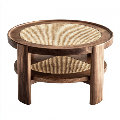 10 Nordic round coffee table, Japanese modern and simple Wabi-y style, retro solid wood rattan woven round artistic low table