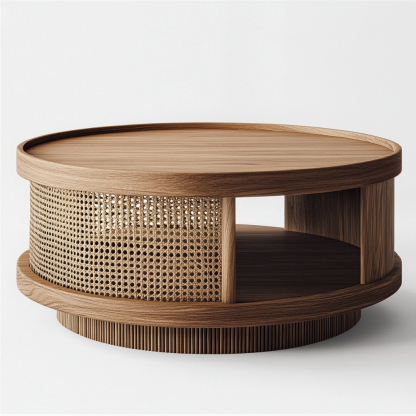 10 Nordic round coffee table, Japanese modern and simple Wabi-y style, retro solid wood rattan woven round artistic low table - Image 4