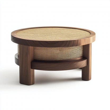 10 Nordic round coffee table, Japanese modern and simple Wabi-y style, retro solid wood rattan woven round artistic low table - Image 3