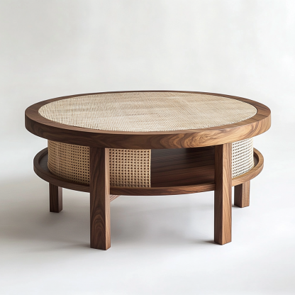 10 Nordic round coffee table, Japanese modern and simple Wabi-y style, retro solid wood rattan woven round artistic low table - Image 2