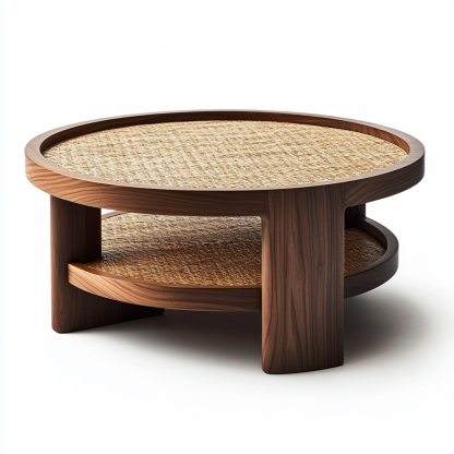 Wabi-sabi style solid wood round coffee table, Japanese-style tatami, small-sized apartment, wicker woven tea table, tea table storage, circular homestay - Image 2