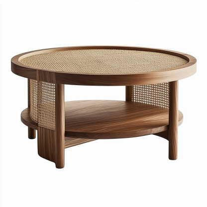 Wabi-sabi style solid wood round coffee table, Japanese-style tatami, small-sized apartment, wicker woven tea table, tea table storage, circular homestay - Image 2