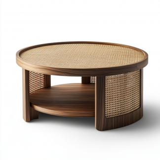 Wabi-sabi style solid wood round coffee table, Japanese-style tatami, small-sized apartment, wicker woven tea table, tea table storage, circular homestay