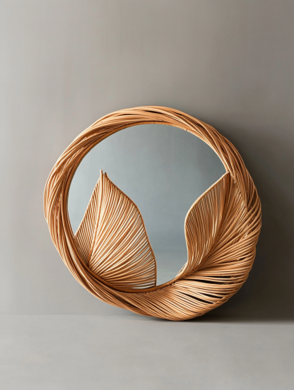 Wabi-sabi style solid wood rattan makeup mirror, living room decoration mirror, designer's creative mirror - Image 9