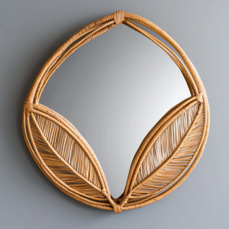 Wabi-sabi style solid wood rattan makeup mirror, living room decoration mirror, designer's creative mirror