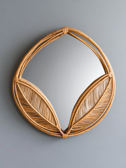 Wabi-sabi style solid wood rattan makeup mirror, living room decoration mirror, designer's creative mirror