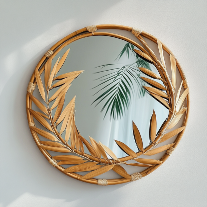 Wabi-sabi style retro rattan leaf-shaped mirror, wall-mounted decorative mirror, entrance mirror for homestay hotels - Image 2