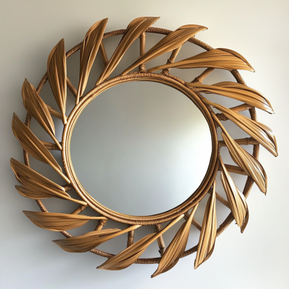 Wabi-sabi style retro rattan leaf-shaped mirror, wall-mounted decorative mirror, entrance mirror for homestay hotels - Image 3