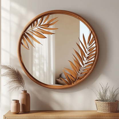 Wabi-sabi style retro rattan leaf-shaped mirror, wall-mounted decorative mirror, entrance mirror for homestay hotels - Image 4