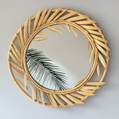 Wabi-sabi style retro rattan leaf-shaped mirror, wall-mounted decorative mirror, entrance mirror for homestay hotels - Image 5