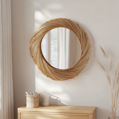 Wabi-sabi style retro rattan leaf-shaped mirror, wall-mounted decorative mirror, entrance mirror for homestay hotels - Image 6