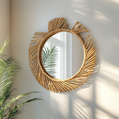 Wabi-sabi style retro rattan leaf-shaped mirror, wall-mounted decorative mirror, entrance mirror for homestay hotels - Image 7