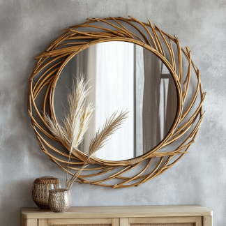 Wabi-sabi style retro rattan leaf-shaped mirror, wall-mounted decorative mirror, entrance mirror for homestay hotels