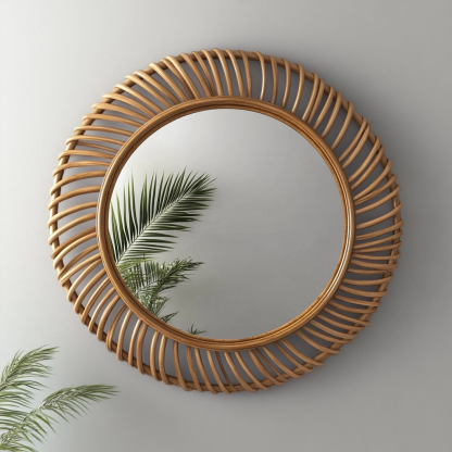 Wabi-sabi style retro rattan leaf-shaped mirror, wall-mounted decorative mirror, entrance mirror for homestay hotels - Image 9