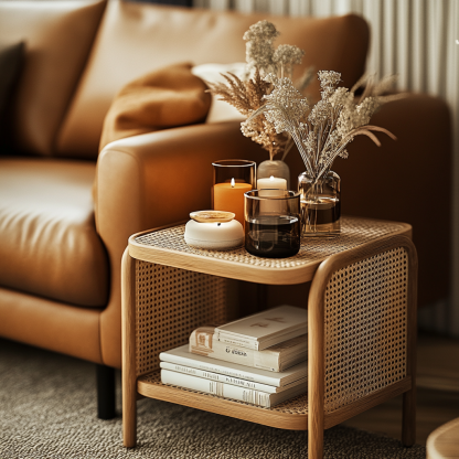 Wabi-sabi style solid wood wicker trolley, living room household mobile side table, sofa side cabinet, shelf - Image 9