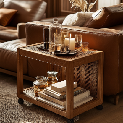 Wabi-sabi style solid wood wicker trolley, living room household mobile side table, sofa side cabinet, shelf - Image 8