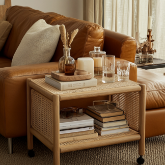 Wabi-sabi style solid wood wicker trolley, living room household mobile side table, sofa side cabinet, shelf