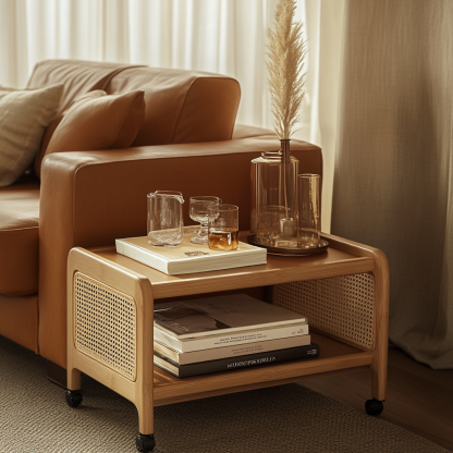 Wabi-sabi style solid wood wicker trolley, living room household mobile side table, sofa side cabinet, shelf - Image 6
