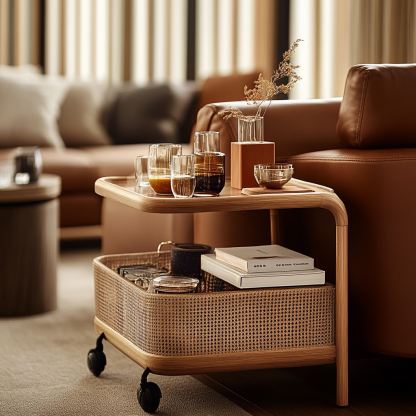 Wabi-sabi style solid wood rattan cart, living room home sofa, several storage racks, storage racks and storage racks - Image 5