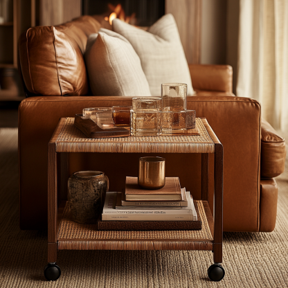 Wabi-sabi style solid wood rattan cart, living room home sofa, several storage racks, storage racks and storage racks - Image 4