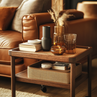 Wabi-sabi style solid wood rattan cart, living room home sofa, several storage racks, storage racks and storage racks - Image 3