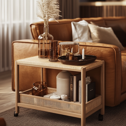 Wabi-sabi style solid wood rattan cart, living room home sofa, several storage racks, storage racks and storage racks - Image 2